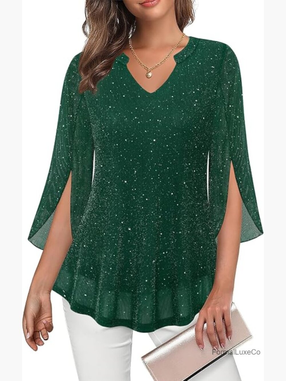 3/4 Ruffle Sleeve Sequin V Neck Blouse Dressy Casual Sparkly Tops